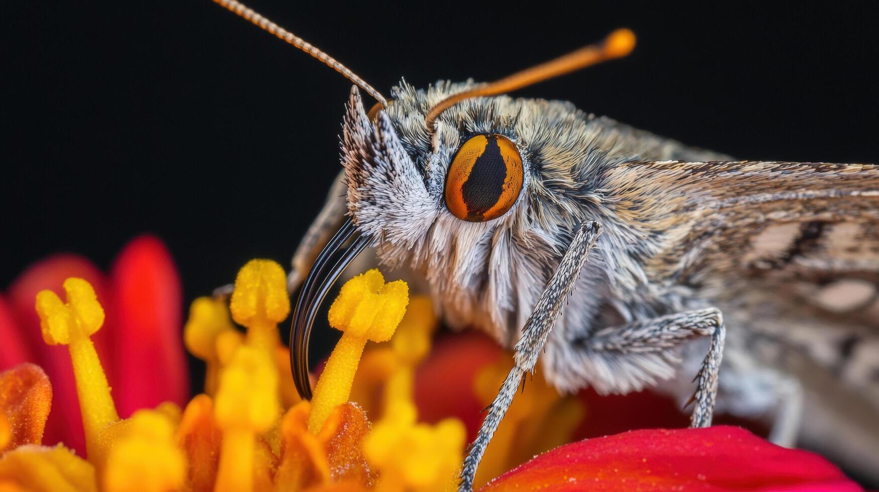 Close-up view of a moth feeding on a flower. photo