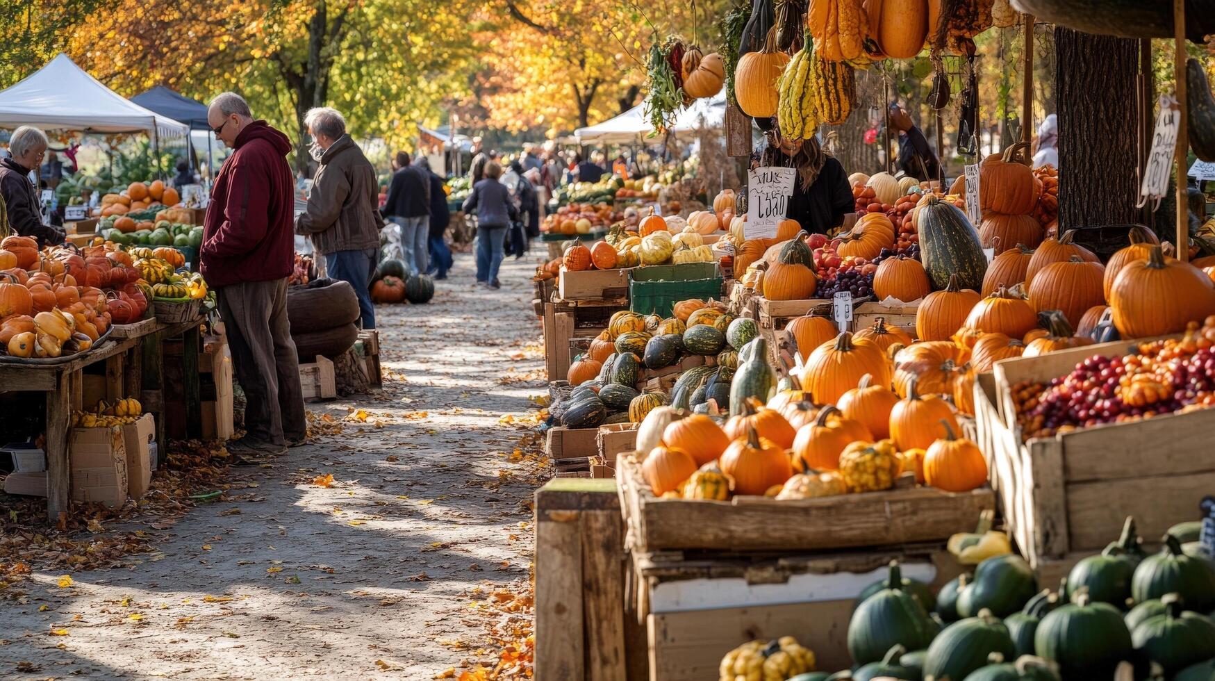 Autumn harvest market scene with people browsing produce. photo