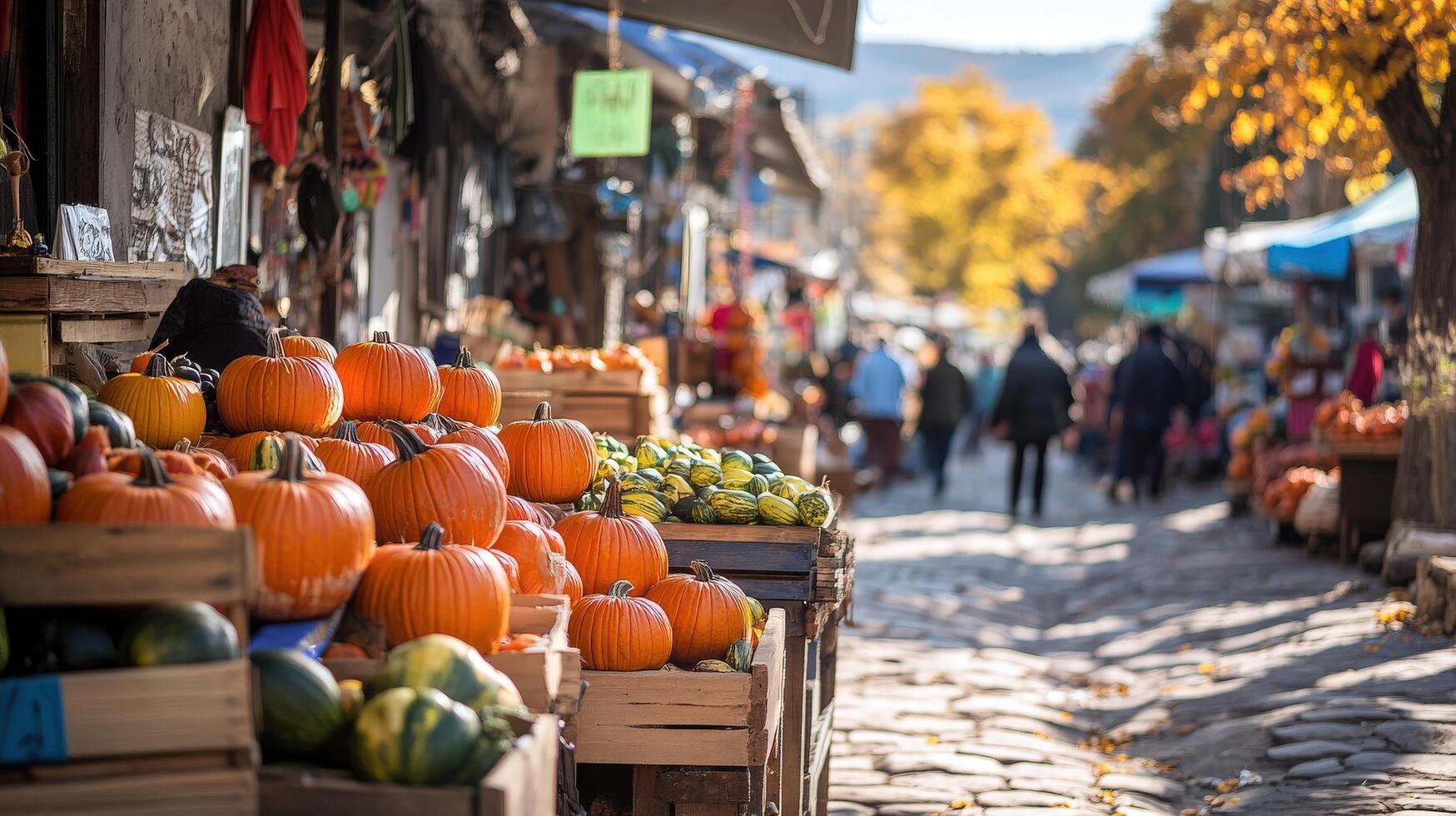 Autumnal market street scene showcasing fall produce. photo