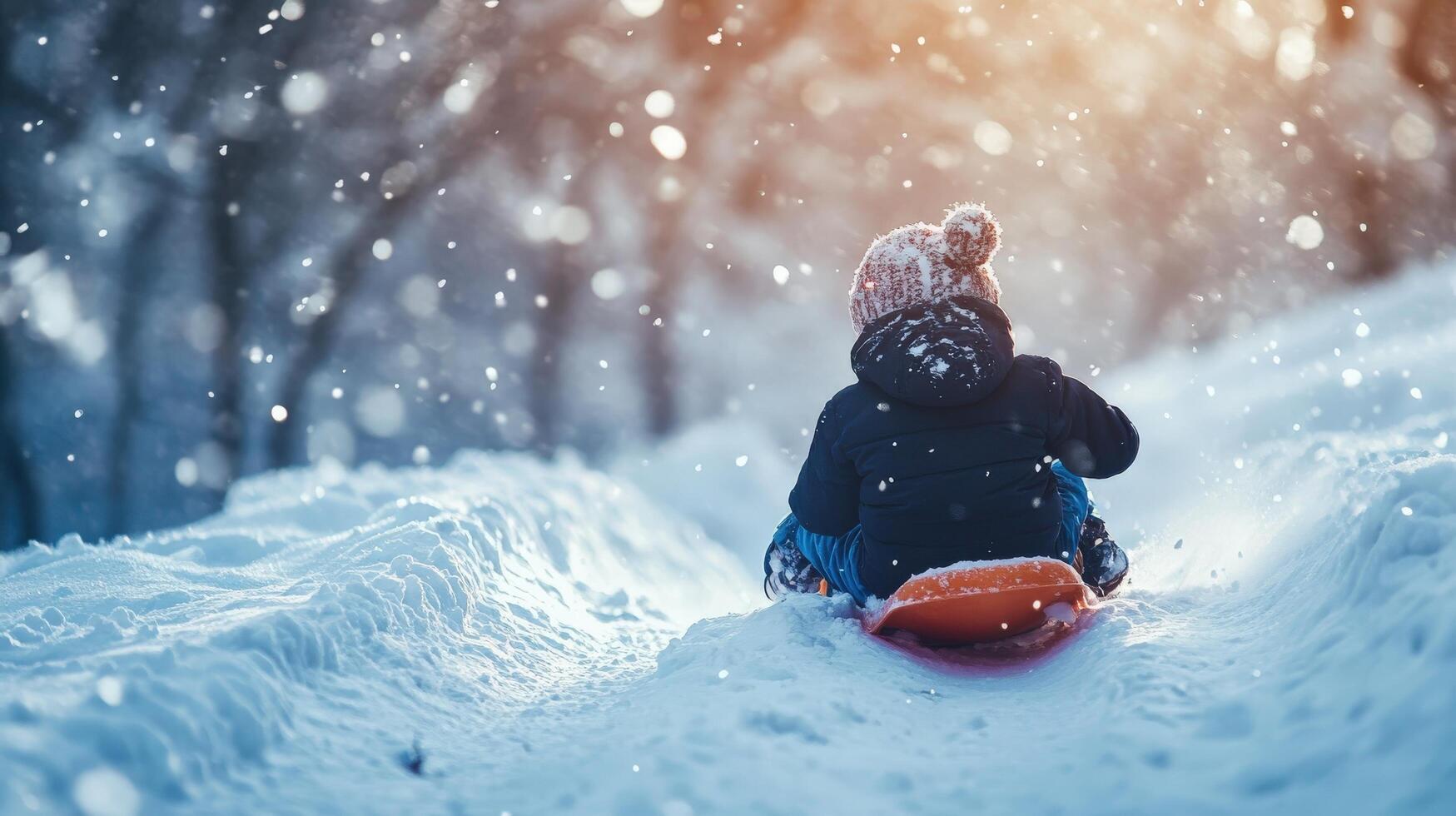 Child sledding through snowy winter landscape. photo