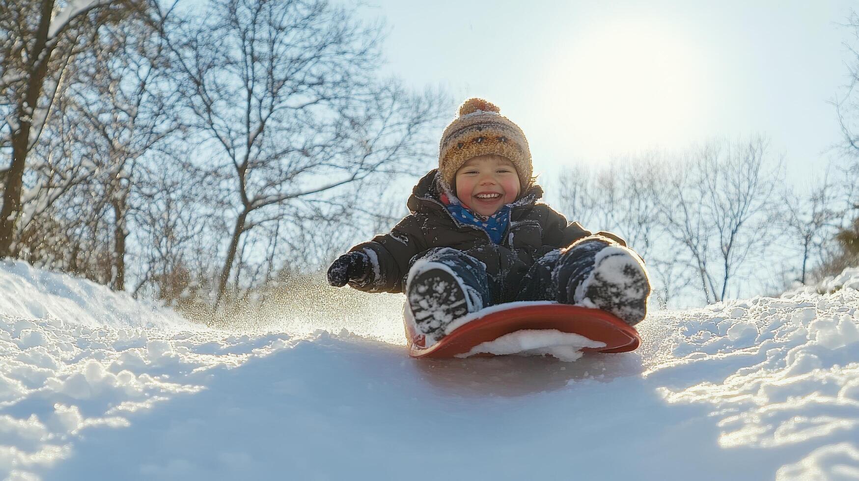 Joyful child sledding downhill on a sunny winter day. photo