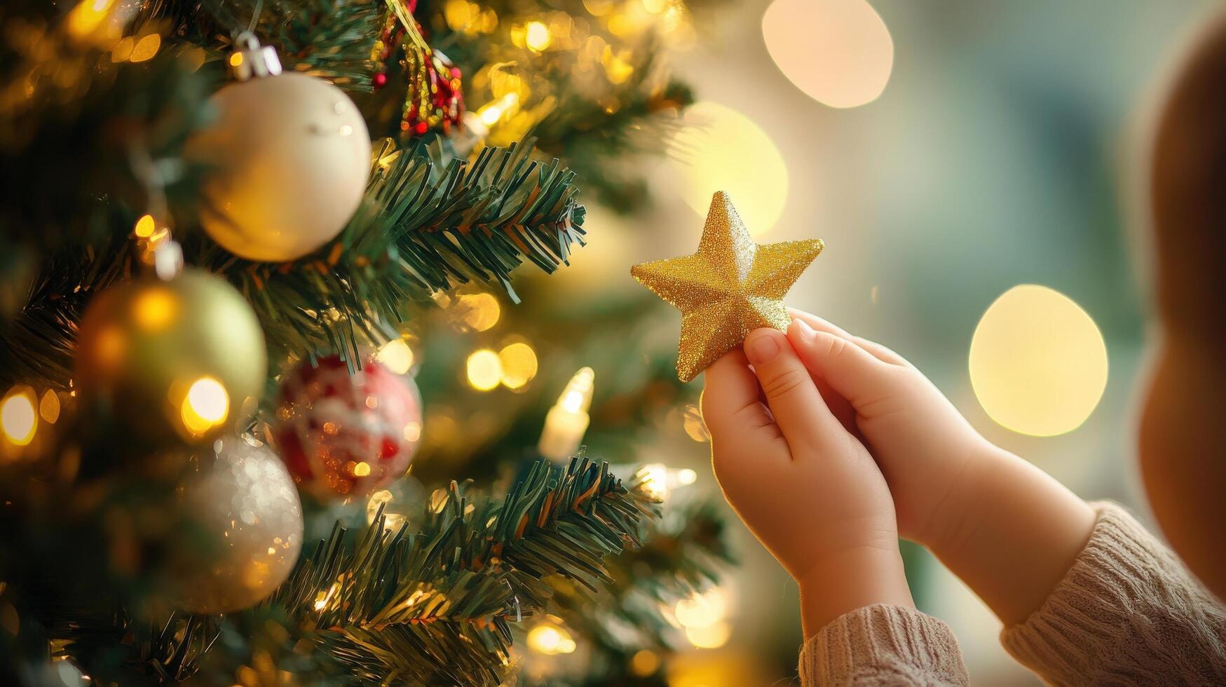 A child's hands decorate a festive Christmas tree. photo