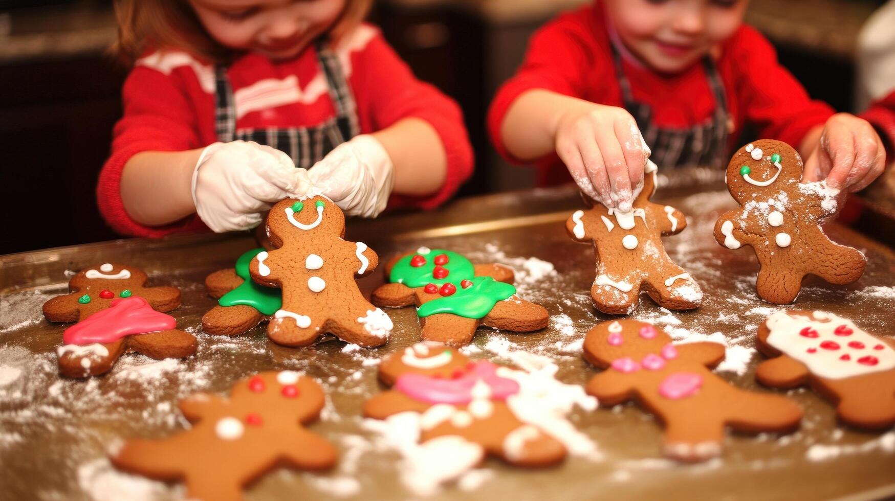 Two young children decorating gingerbread cookies on a baking sheet. photo