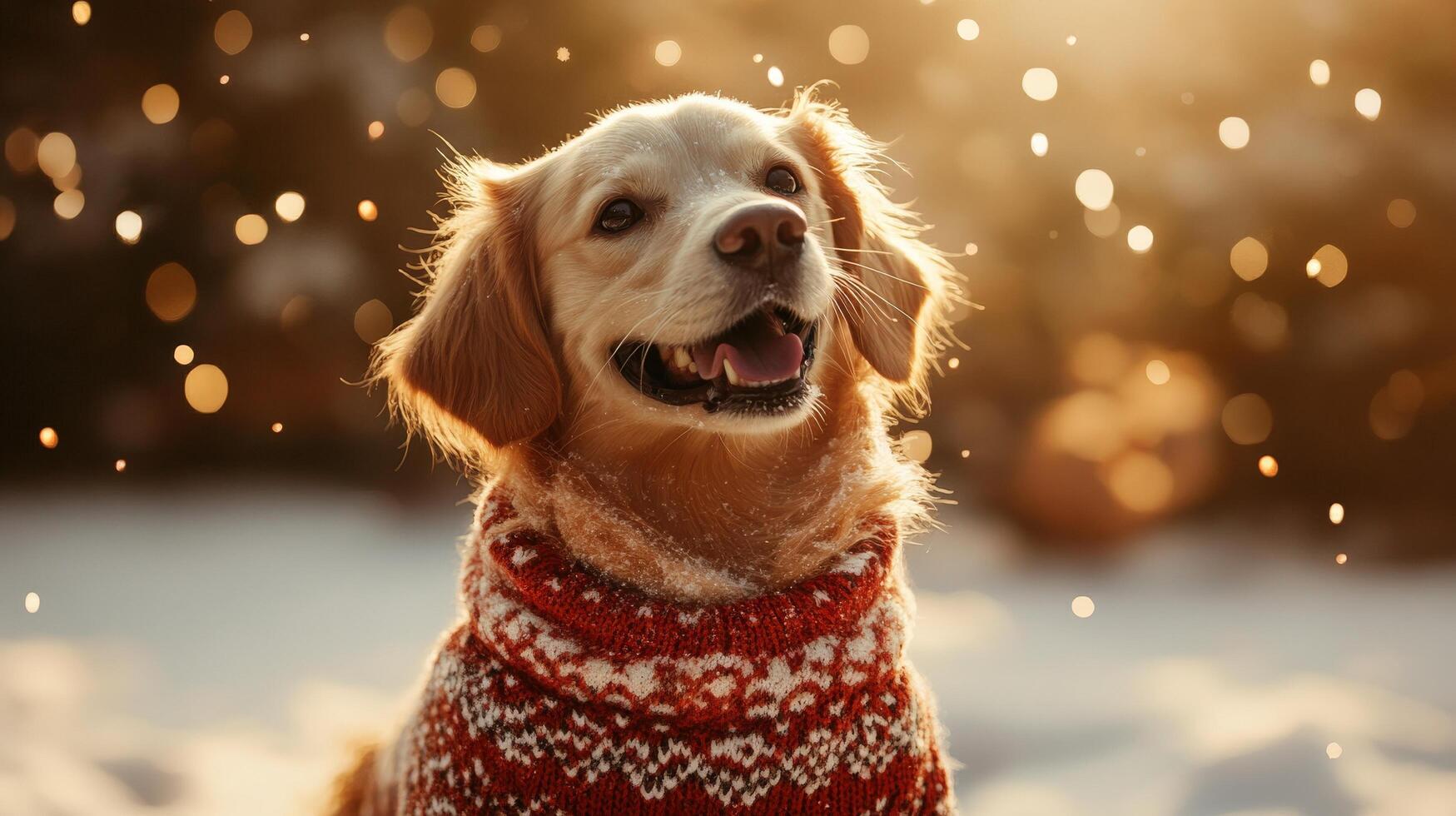 Golden retriever in winter wonderland scene, wearing a festive sweater. photo