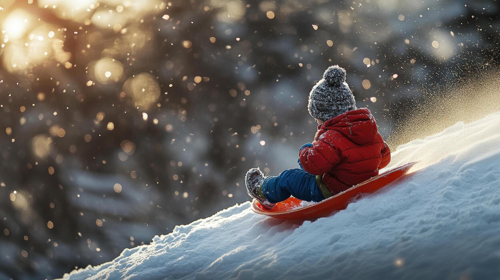 Child sledding down snowy hill at sunset. photo