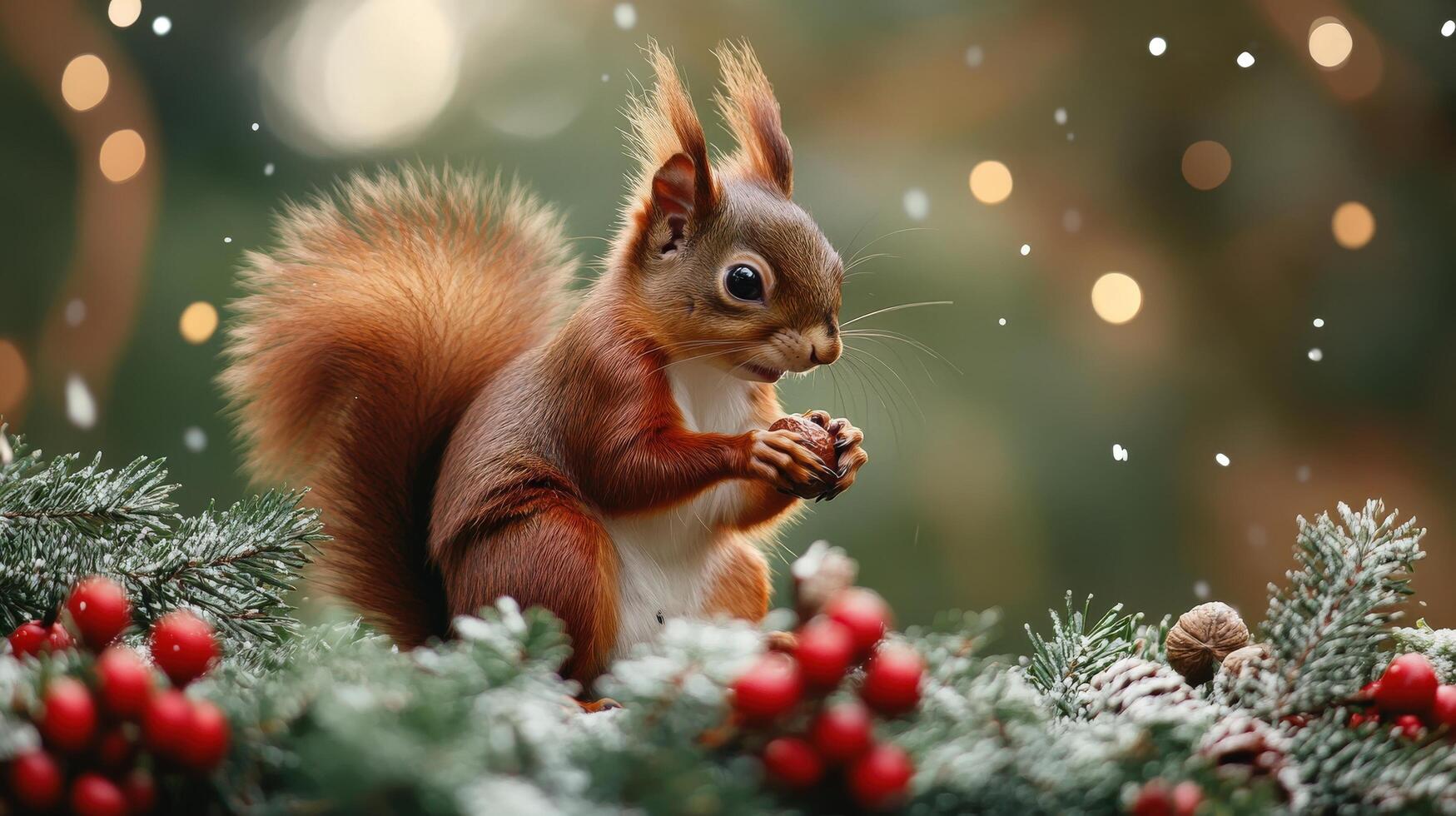 A charming squirrel enjoys a winter treat amidst festive foliage. photo