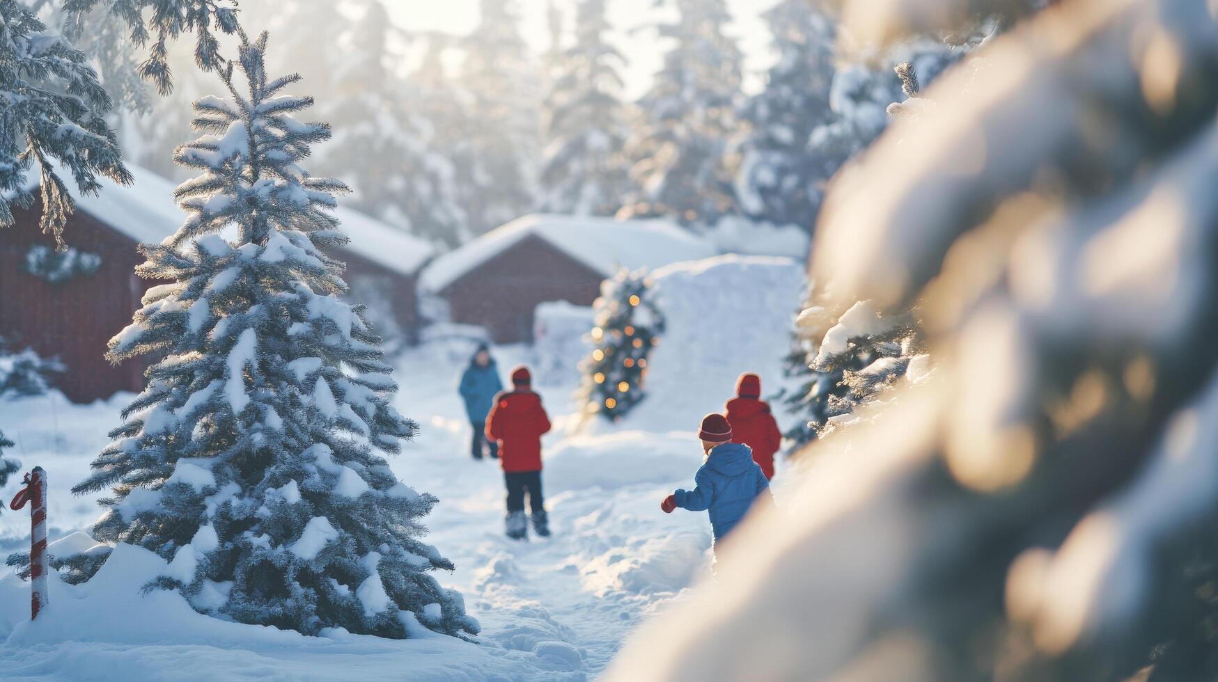 Snowy winter scene with people walking in a village. photo