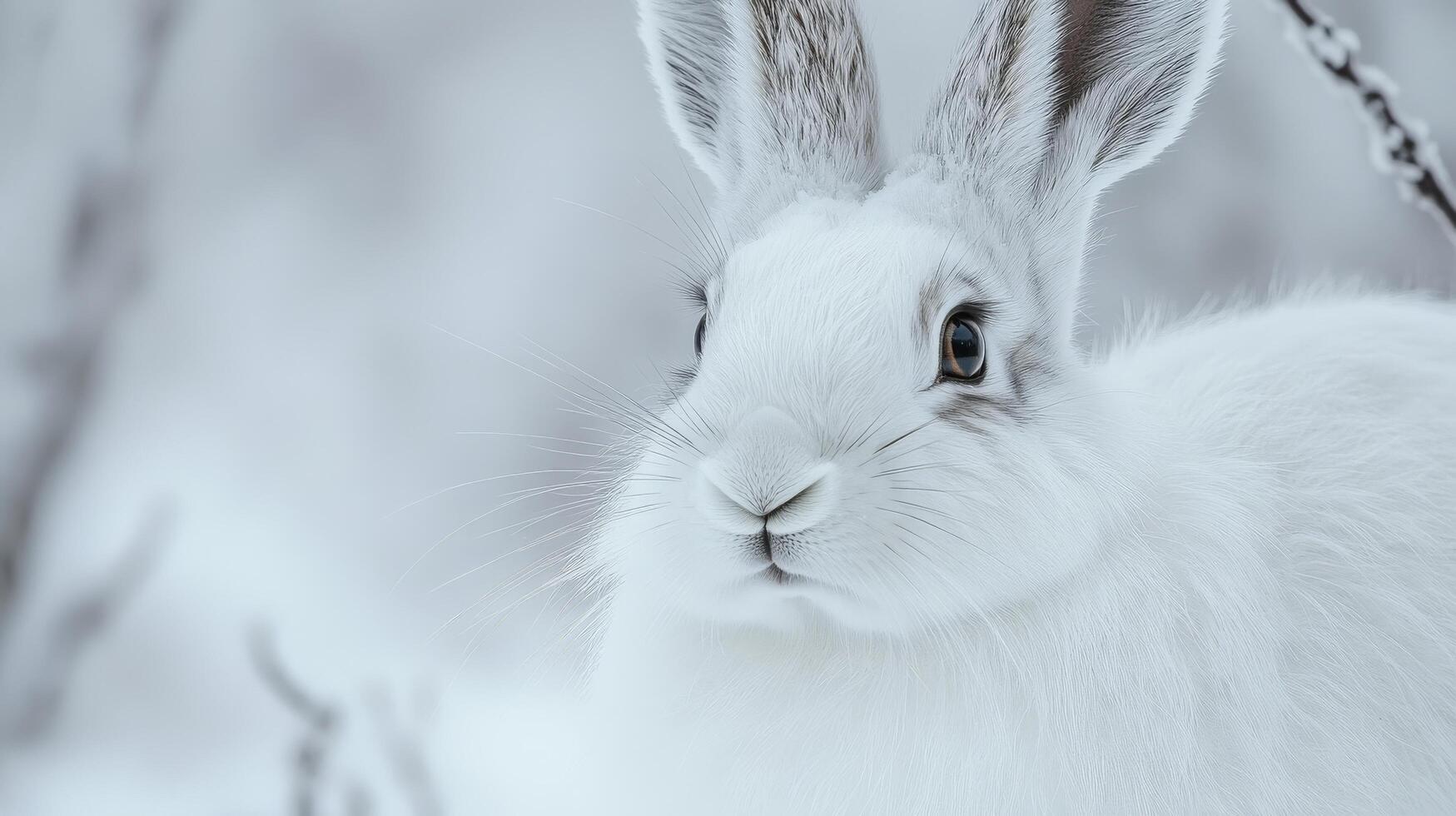 Close-up of a winter hare in a snowy forest. photo