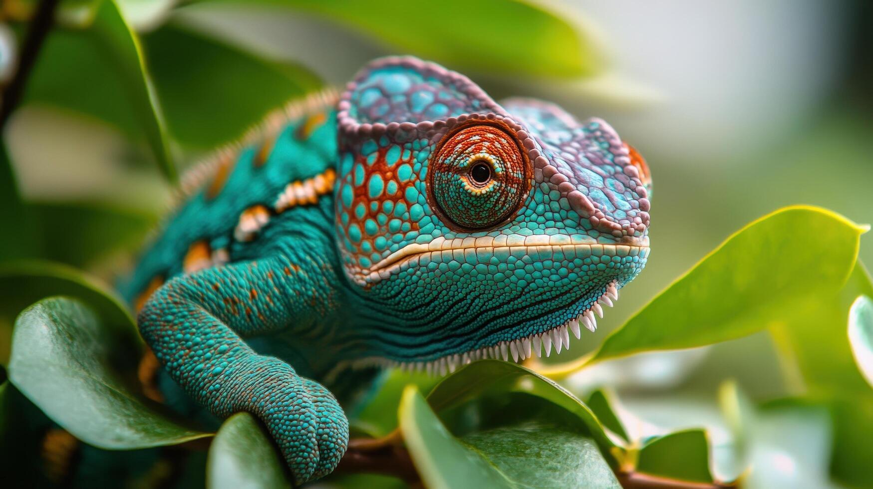 Close-up portrait of a vibrantly colored chameleon amidst lush foliage. photo
