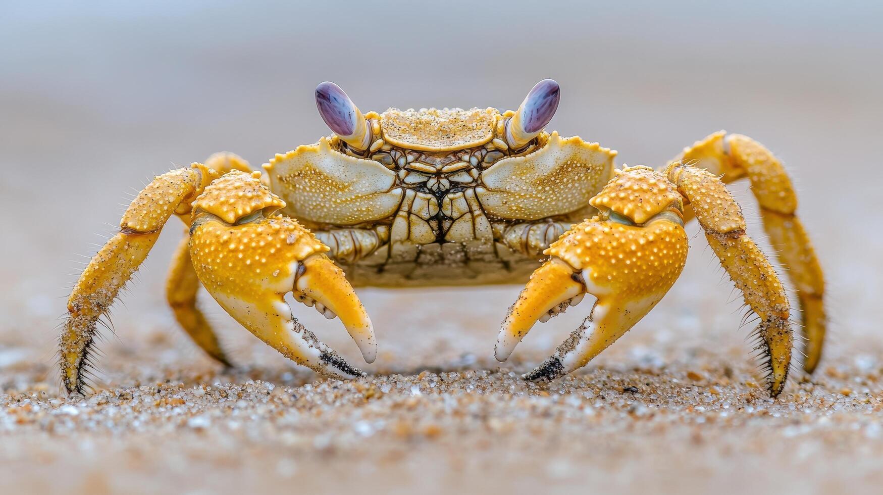 Close-up view of a vibrant yellow crab on sandy ground. photo