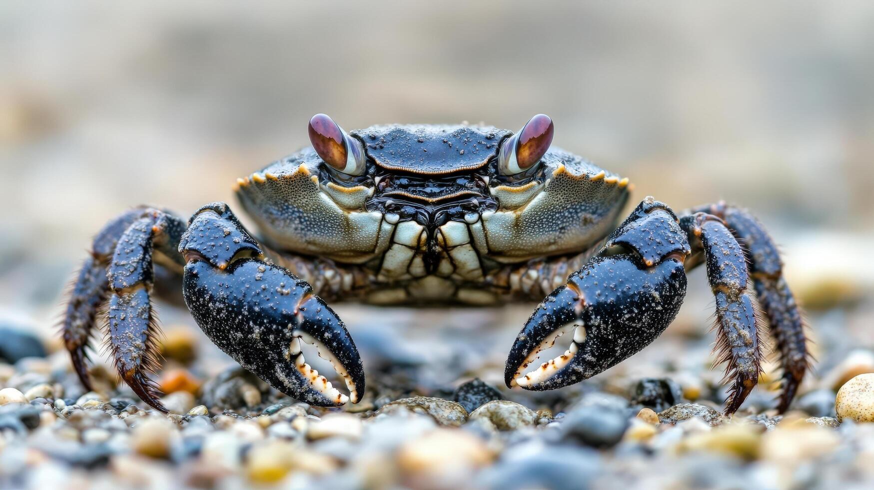 Close-up of a dark gray crab on a pebble beach. photo
