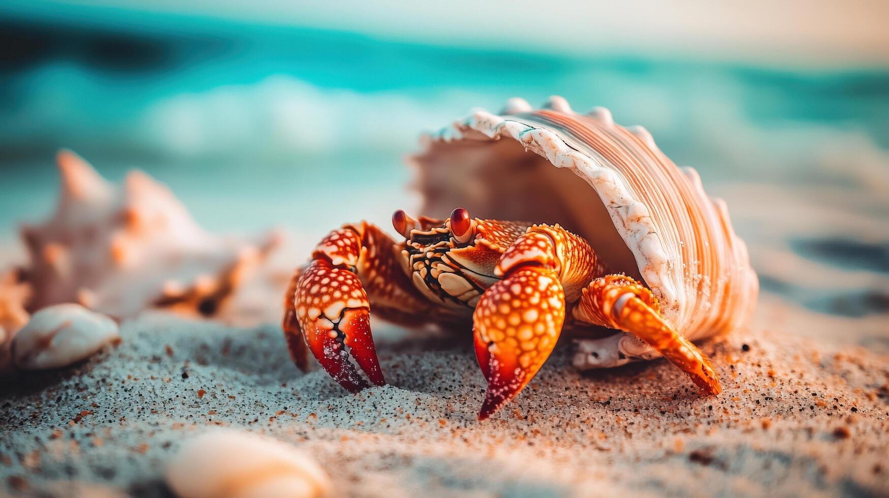 A small crab hides within a large seashell on a sandy beach. photo