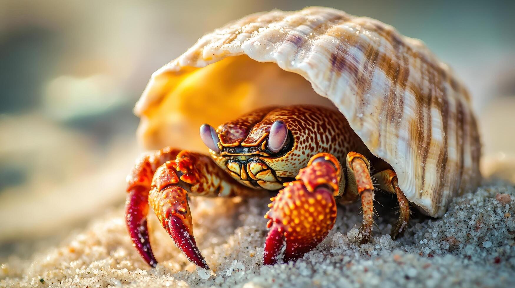 Close-up view of a hermit crab within a seashell. photo