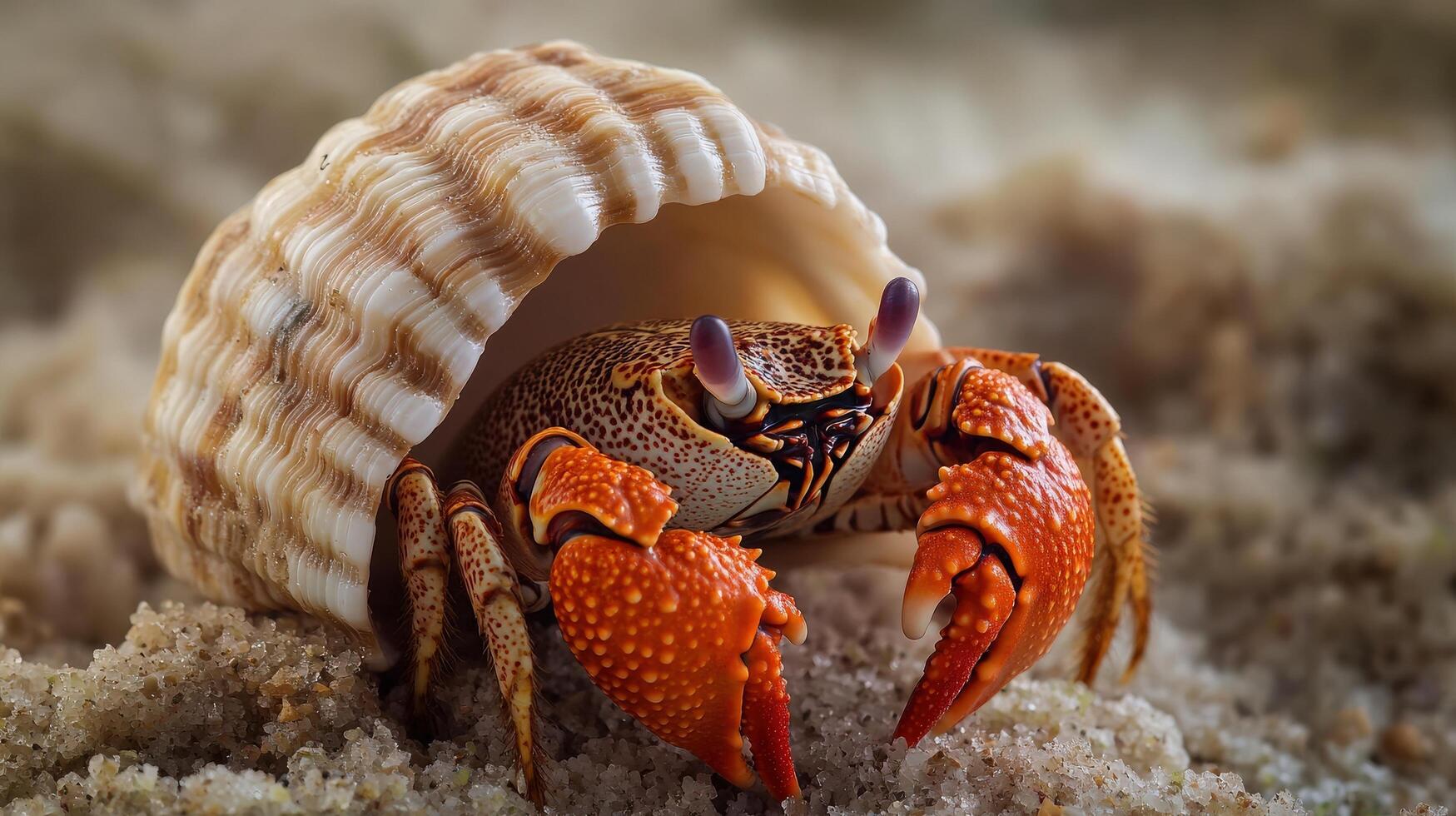 Close-up of a hermit crab nestled in a seashell. photo