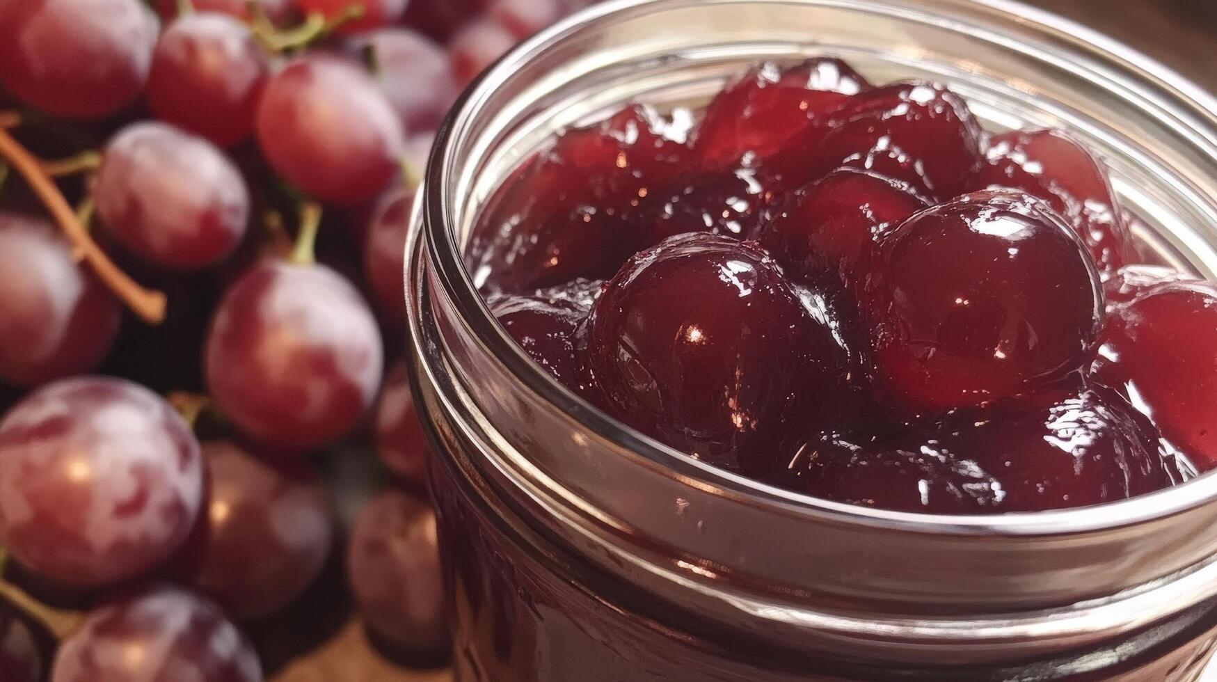 Close-up of a glass jar filled with homemade grape jam. photo