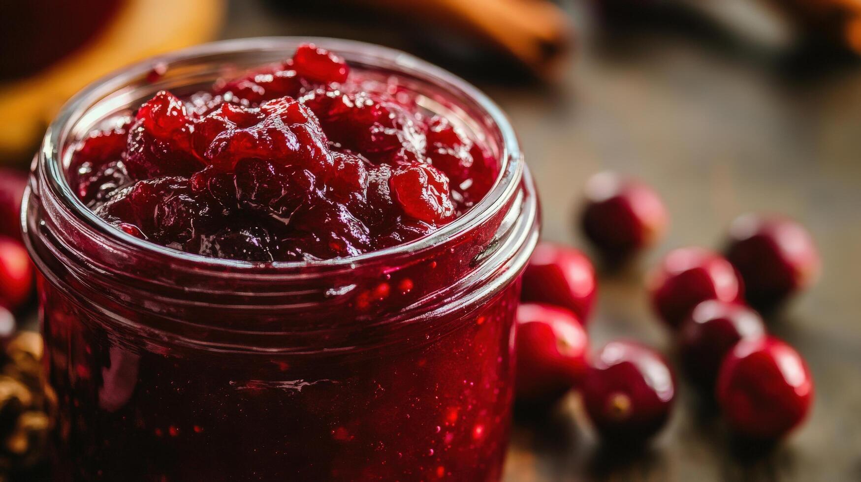 Close-up of homemade cranberry sauce in a glass jar. photo