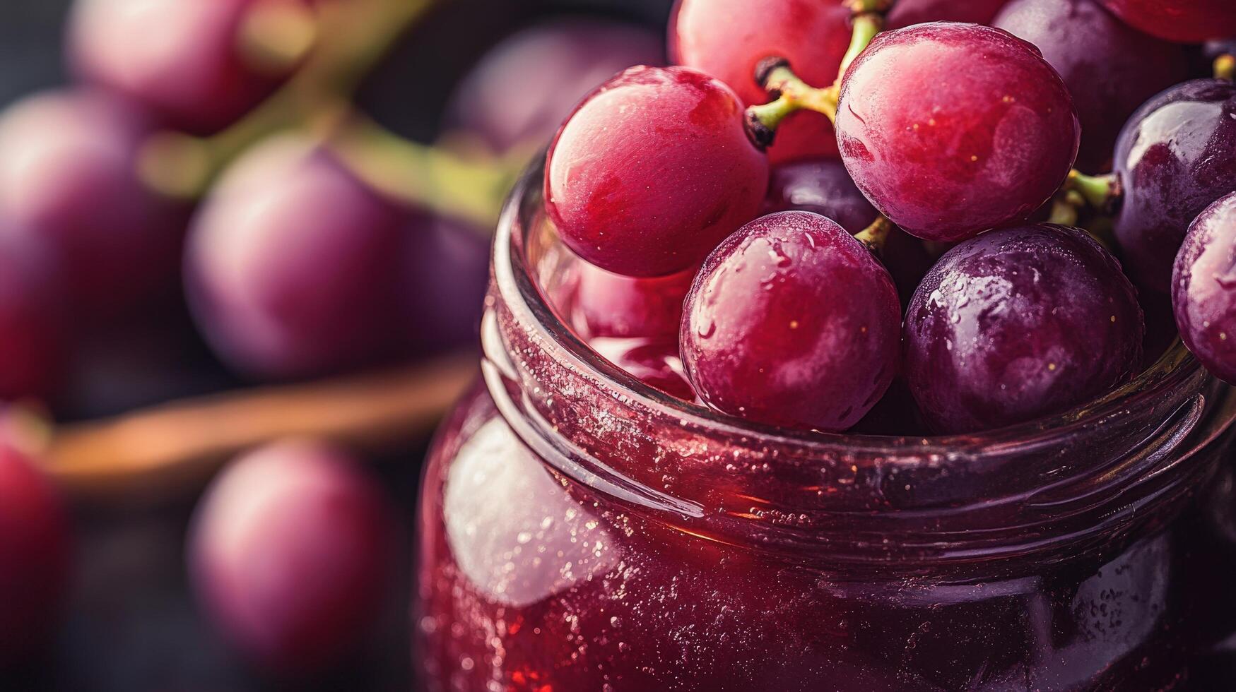 Freshly picked red grapes in a glass jar. photo