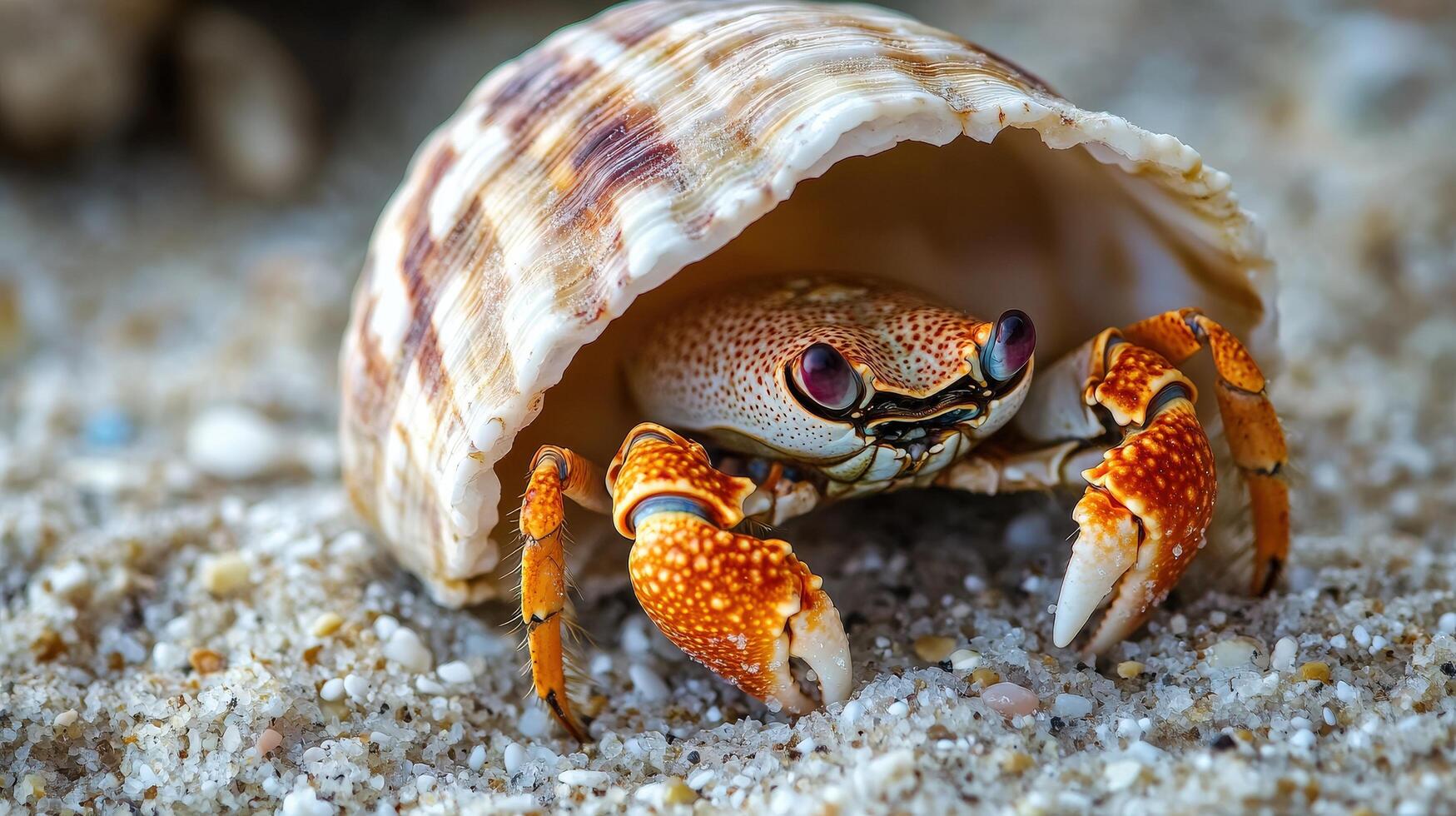 A small hermit crab nestled safely within a seashell. photo