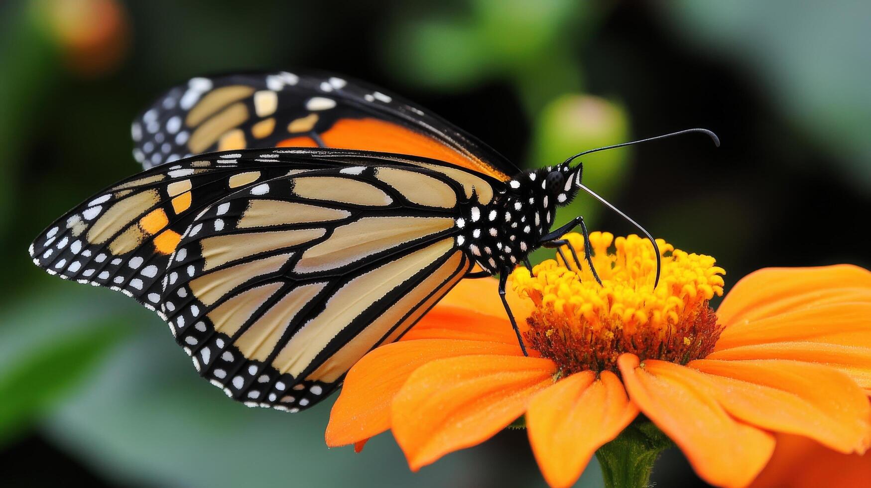 Close-up view of a monarch butterfly on a vibrant orange flower. photo