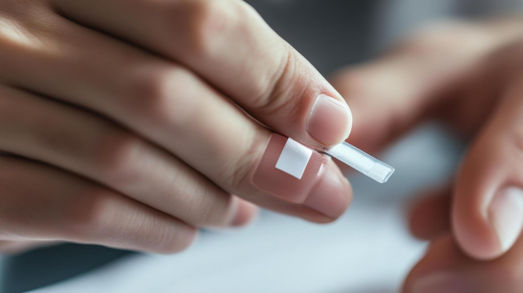 Close-up of hands applying a small adhesive bandage. photo