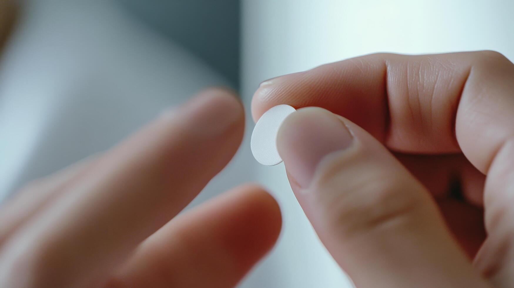 Close-up view of hands holding a round white pill. photo