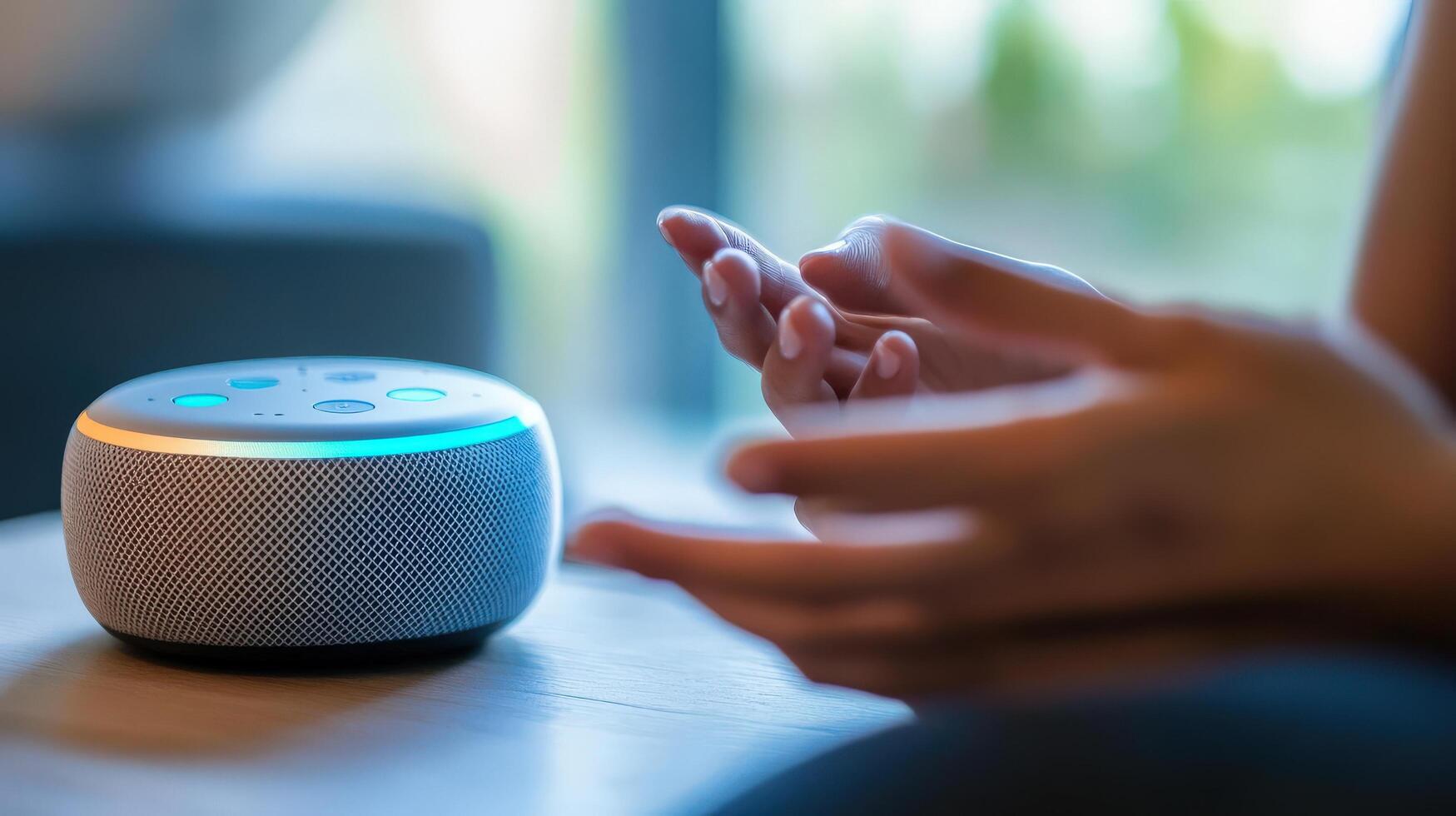 Hands interacting with a modern smart speaker. photo