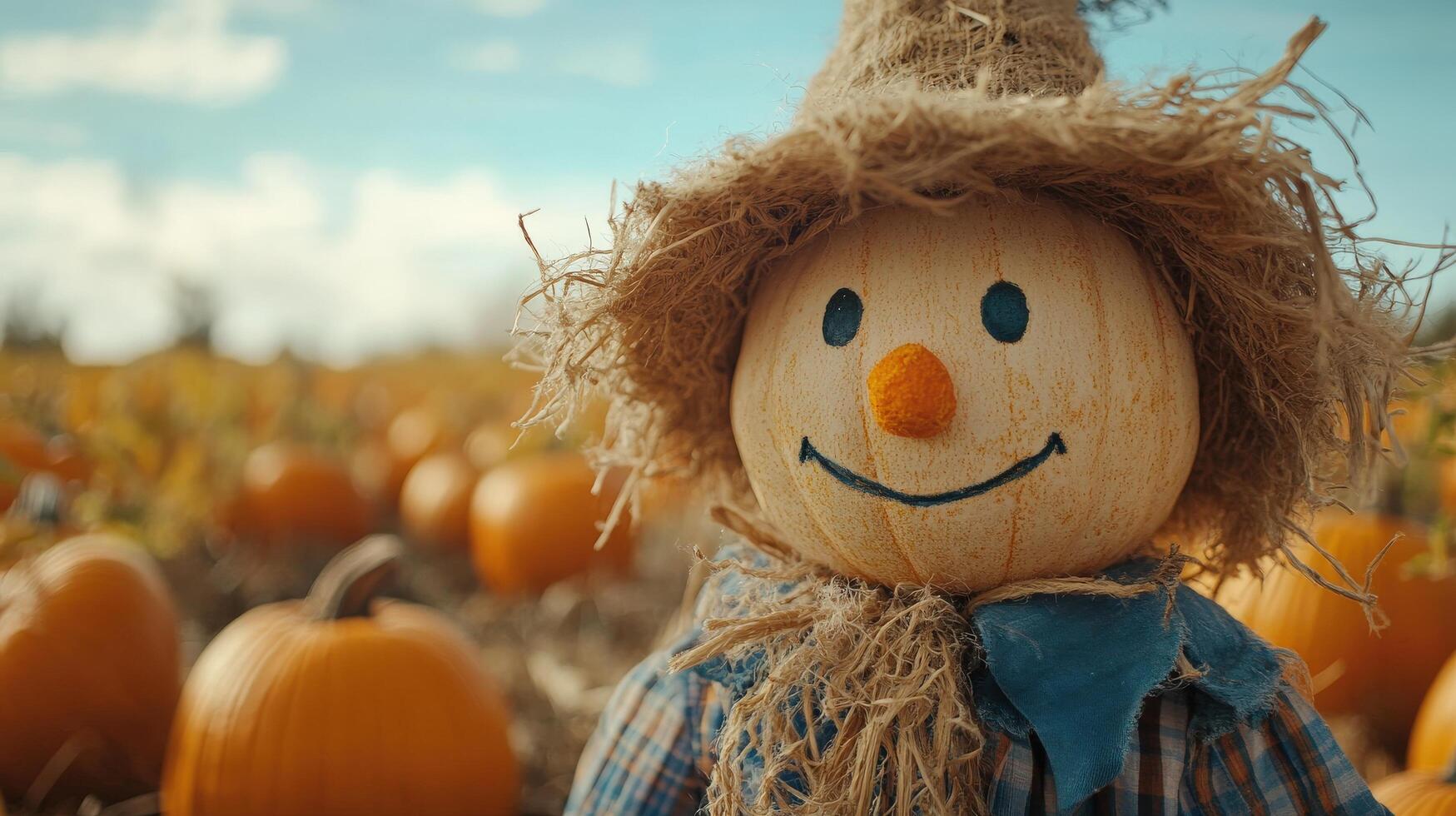 Smiling scarecrow in a pumpkin patch on a sunny day. photo