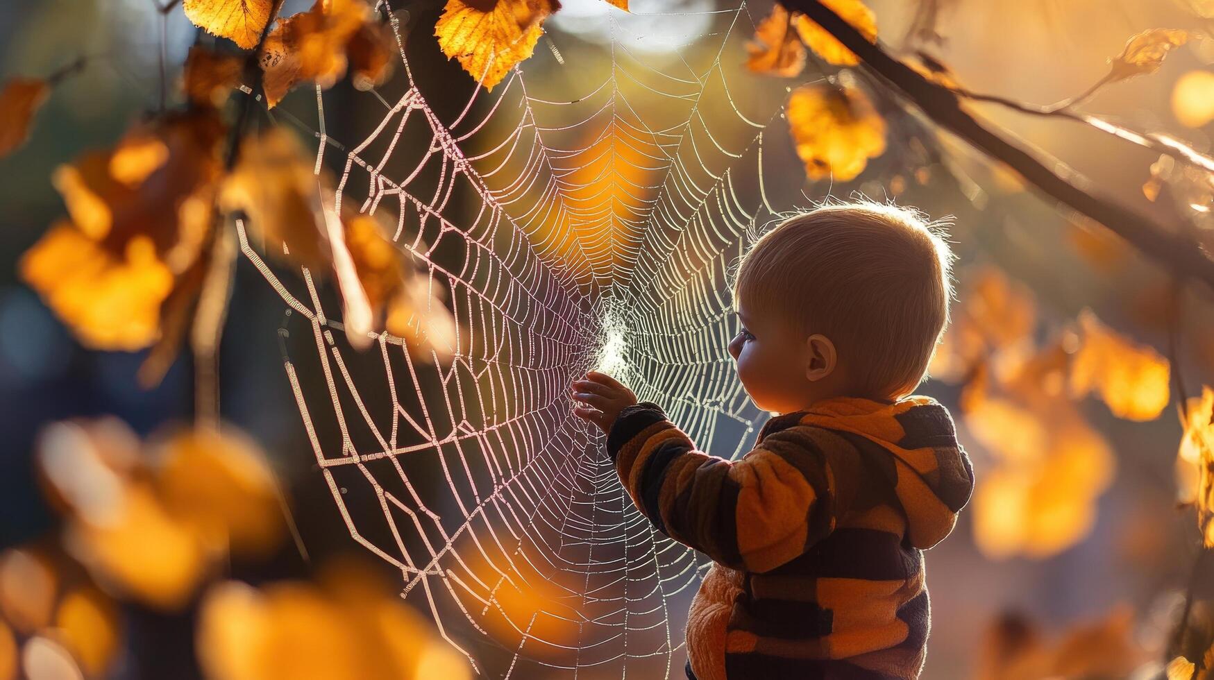 Autumnal child exploring a delicate spiderweb. photo