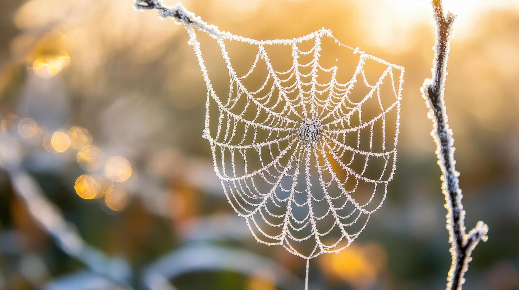 Frosted spiderweb hanging from branch at dawn. photo