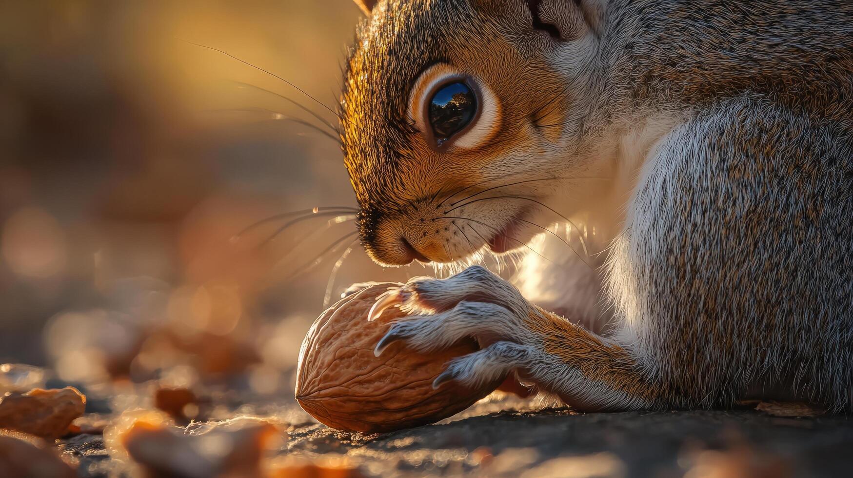 A squirrel eating a nut on the ground photo