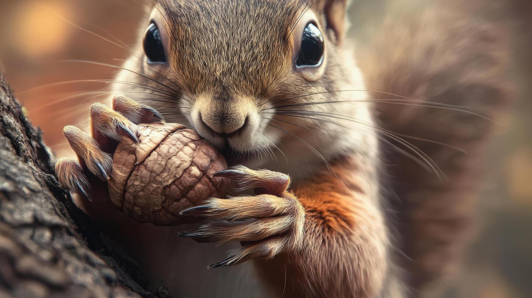 Close-up of a red squirrel consuming a nut. photo
