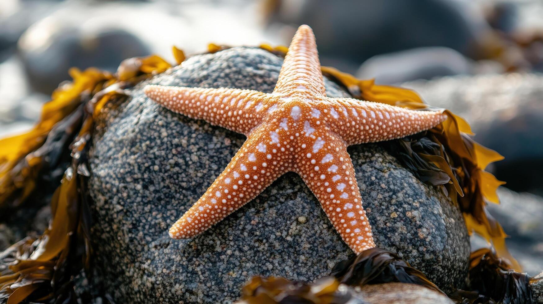 A starfish is sitting on a rock covered in seaweed photo