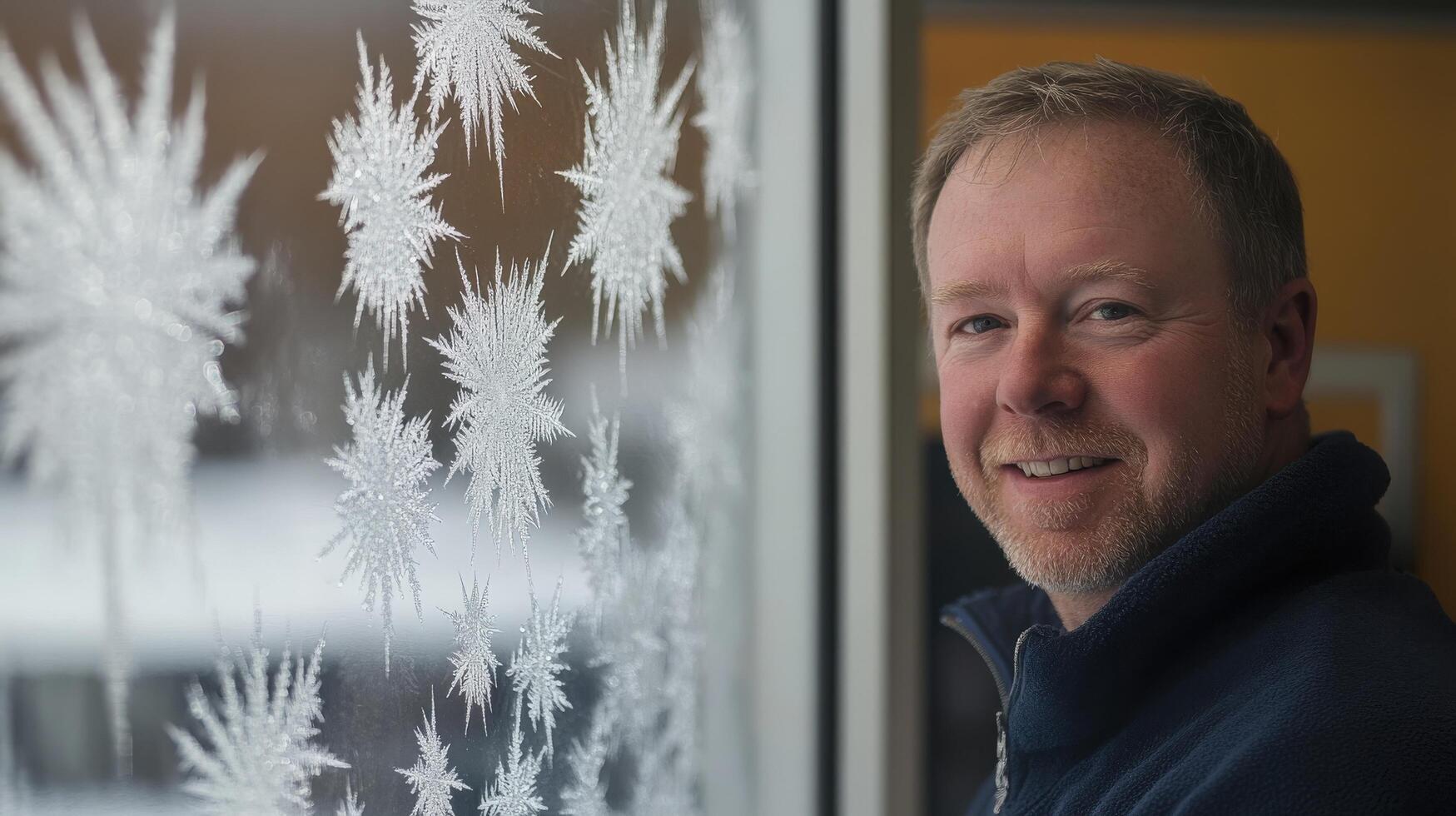 Man stands before a window adorned with intricate frost patterns. photo