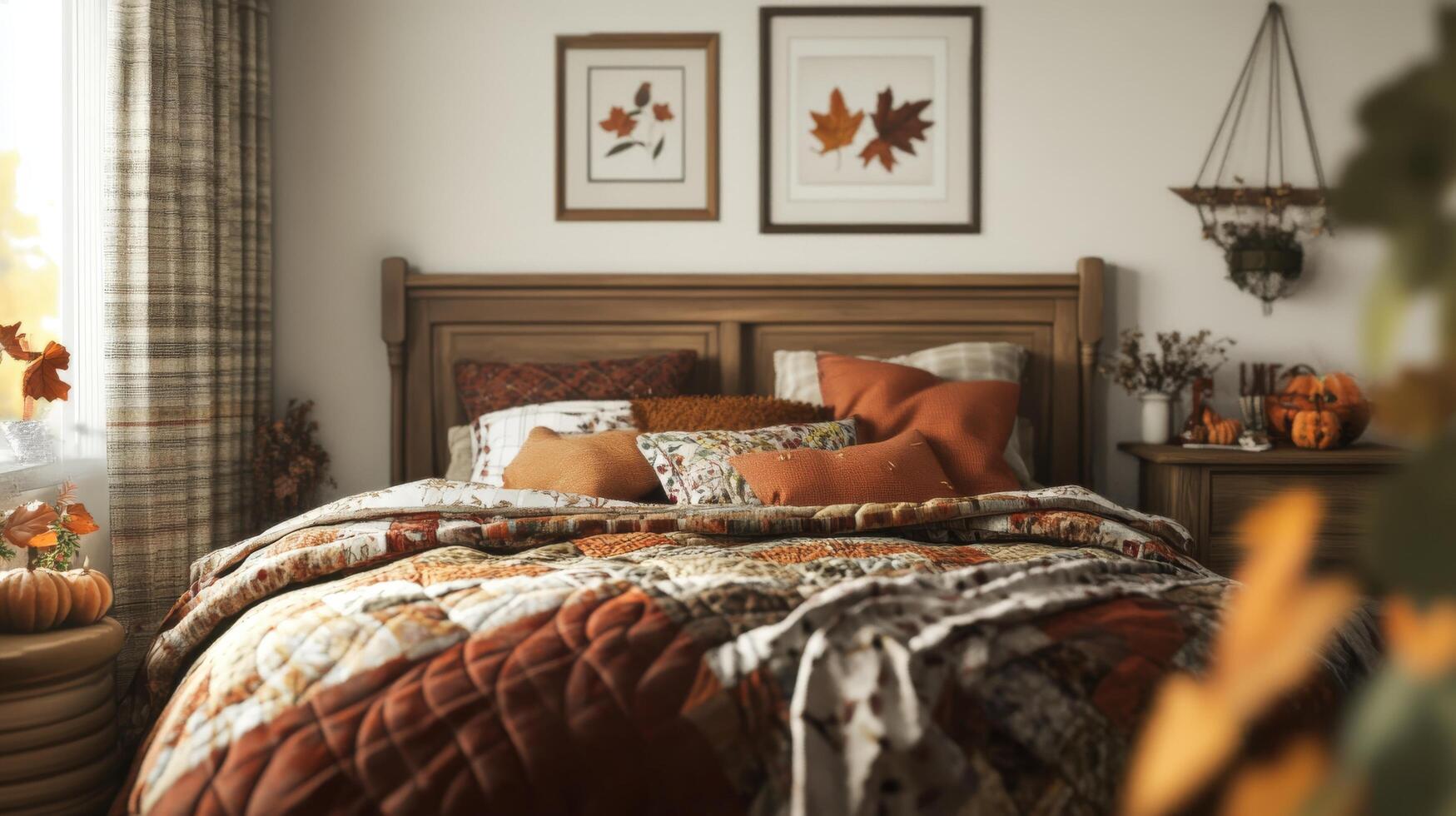 Cozy autumnal bedroom interior with warm tones. photo