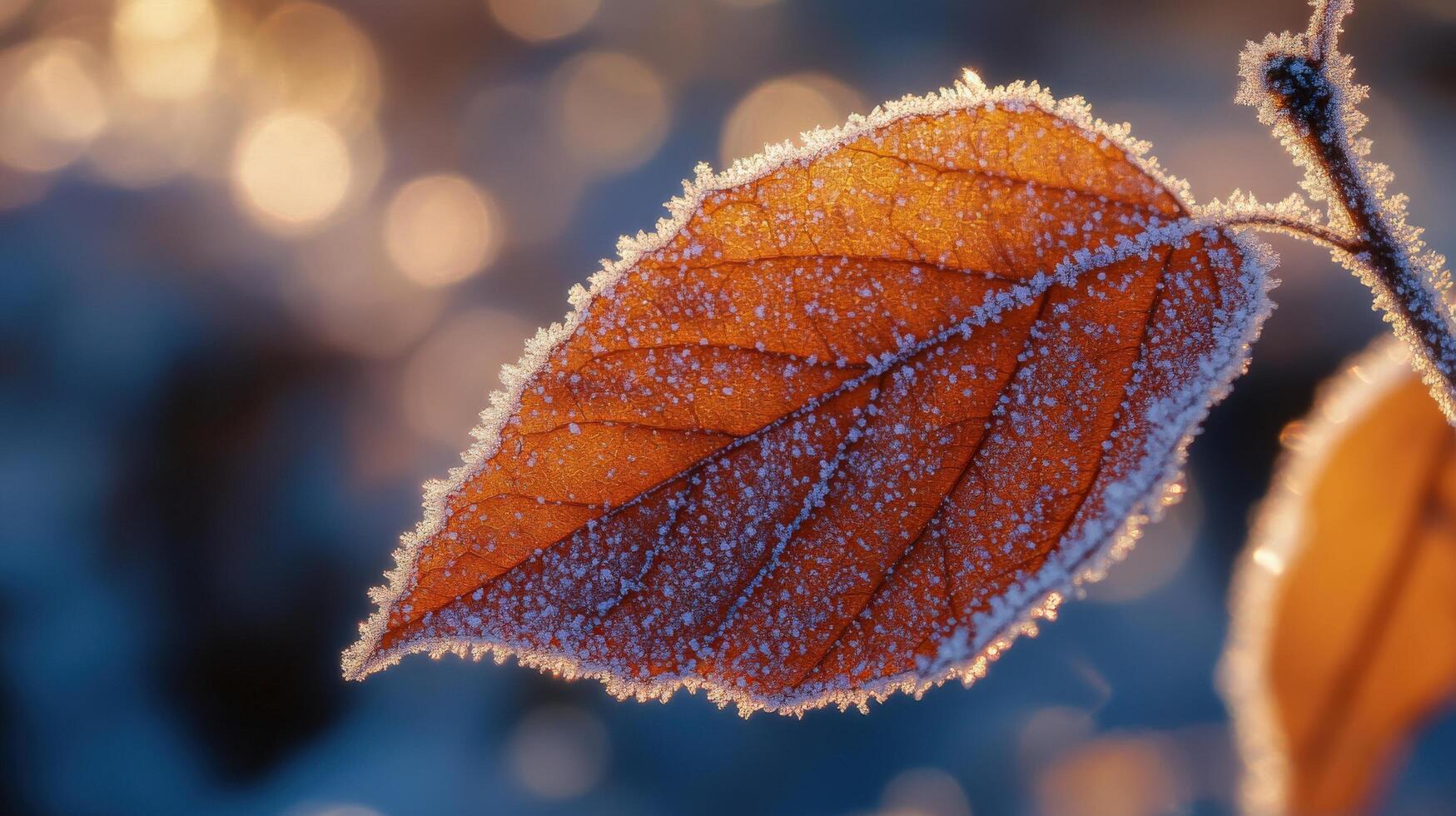 Autumn leaf covered in frost at sunrise. photo