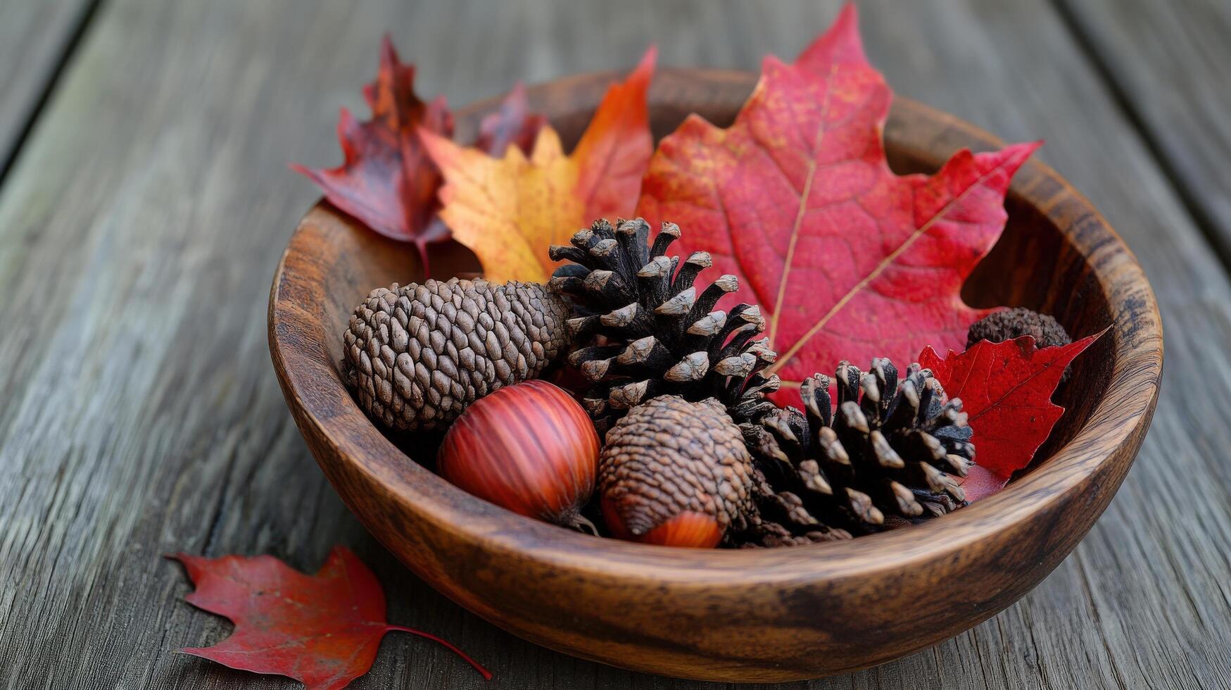 Autumnal display of fall leaves and pine cones in wooden bowl. photo