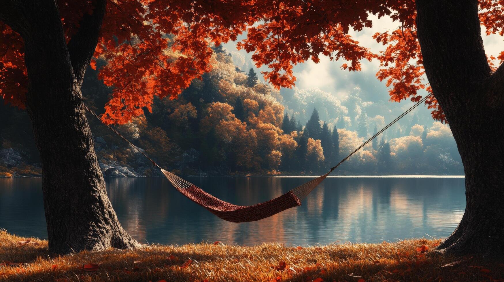 Tranquil autumn scene by a serene lake. photo