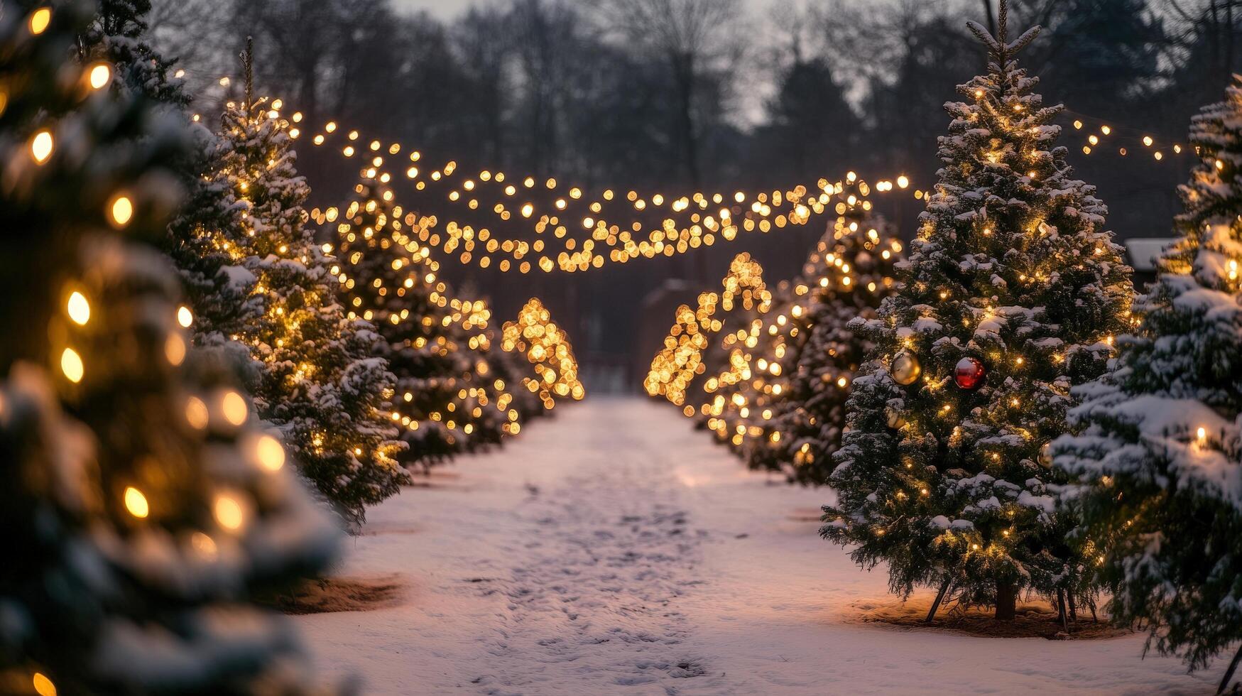 Snowy Christmas tree farm path decorated with warm lights. photo