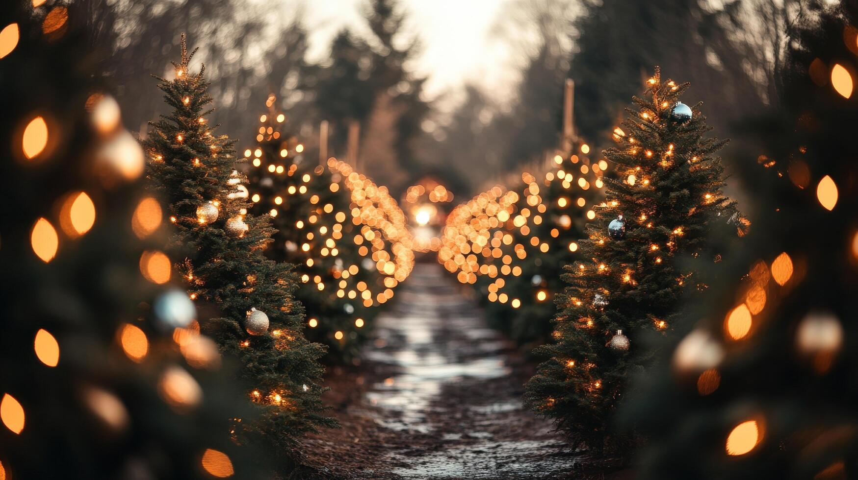 Festive pathway lined with Christmas trees adorned with lights. photo