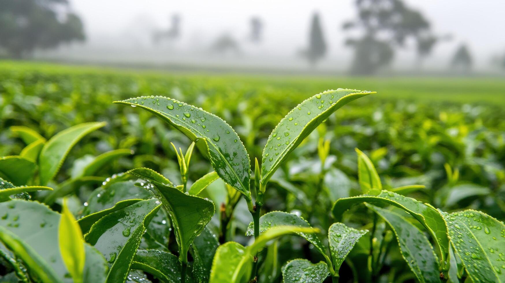 Lush tea leaves, covered in morning dew, in a misty field. photo