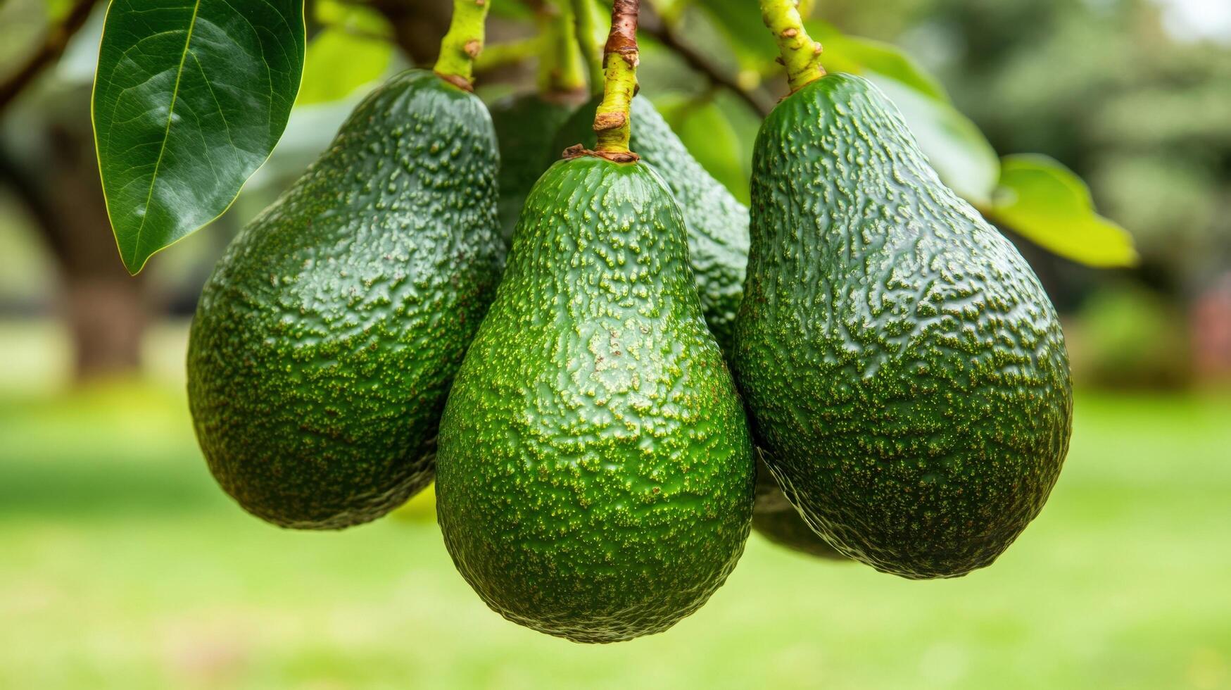 Close-up view of four avocados on a branch. photo