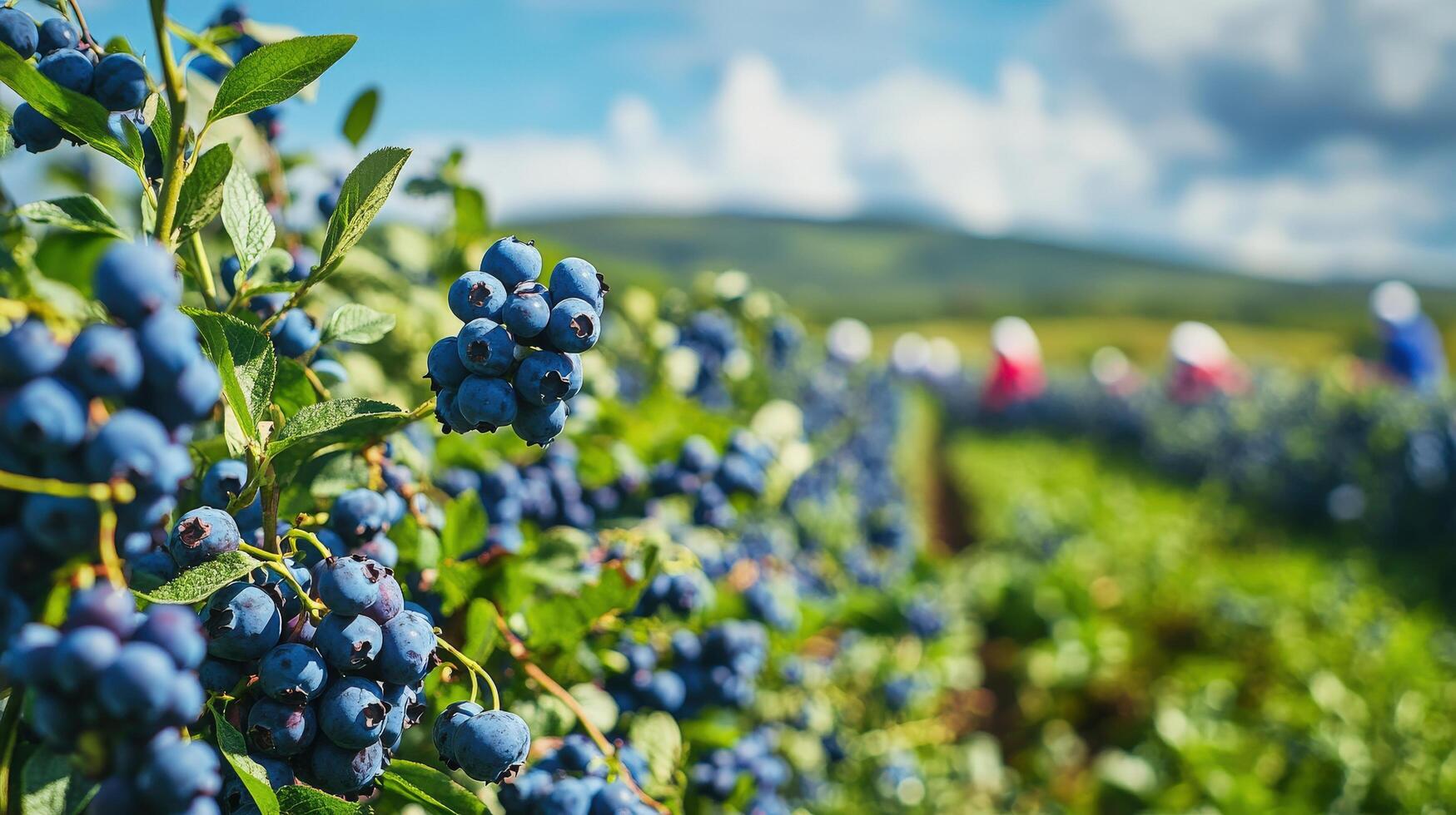 Close-up view of ripe blueberries on bushes in a field. photo