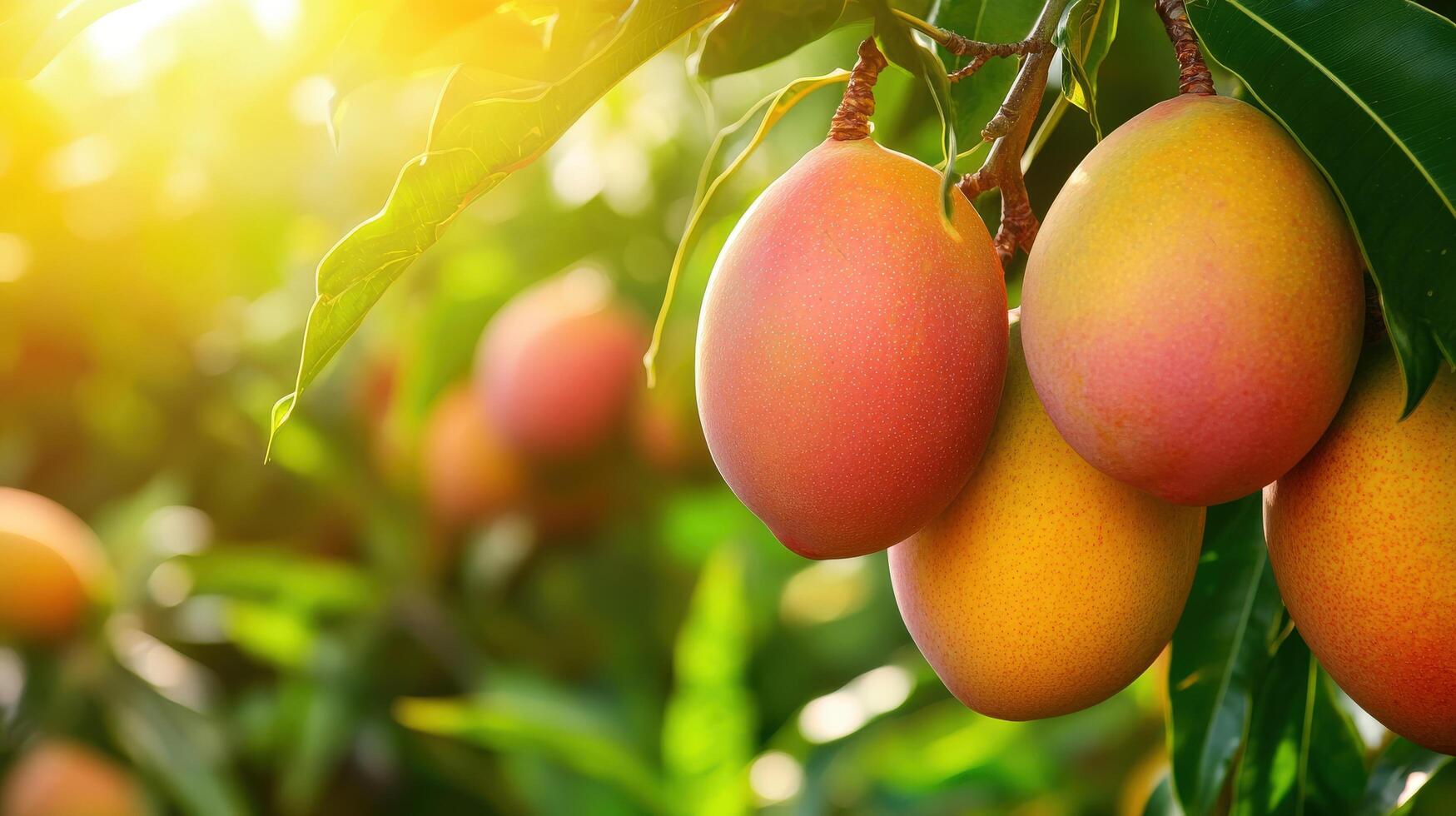 Ripe mangos hanging from branches in a lush orchard. photo