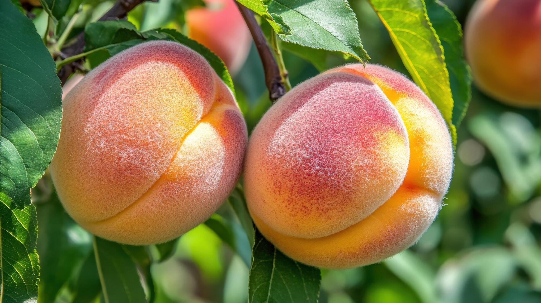 Close-up view of two ripe peaches on a tree branch. photo