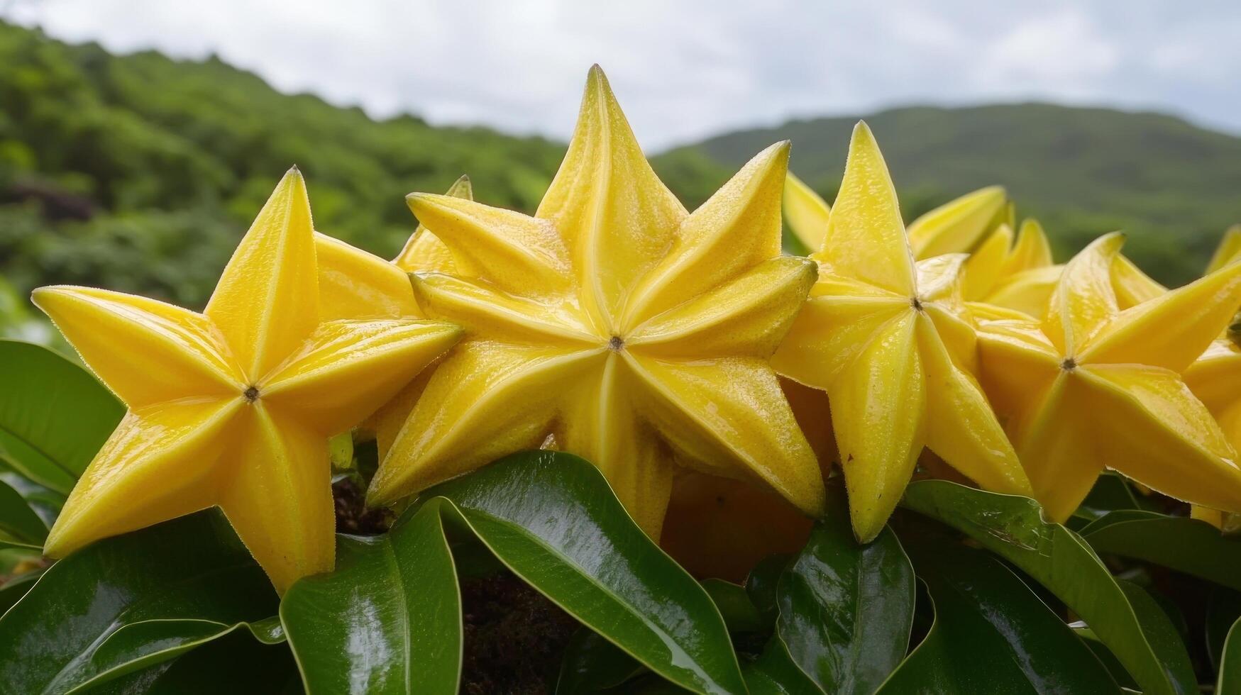Close up of bright yellow star fruit on leaves. photo