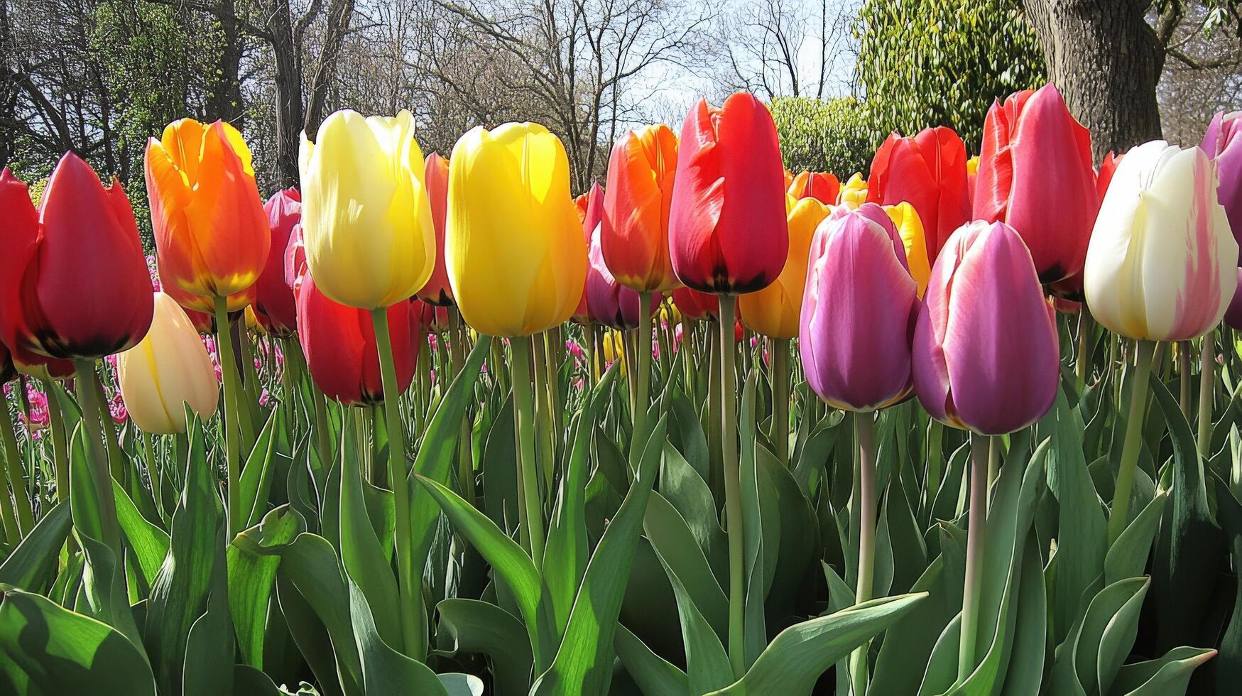 Vibrant tulips in various colors bloom in a spring garden. photo