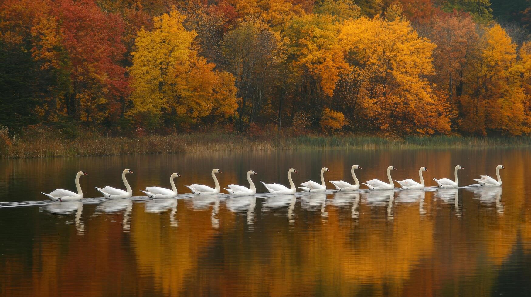 Autumnal lake scene with swans in a perfect row. photo