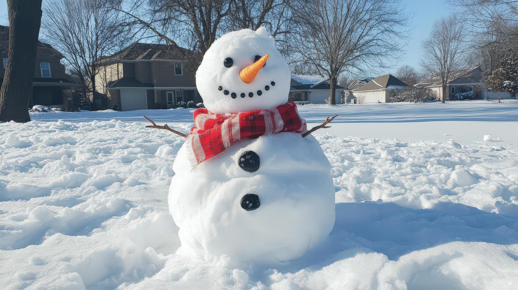 A delightful snowman adorned in a red and white scarf. photo