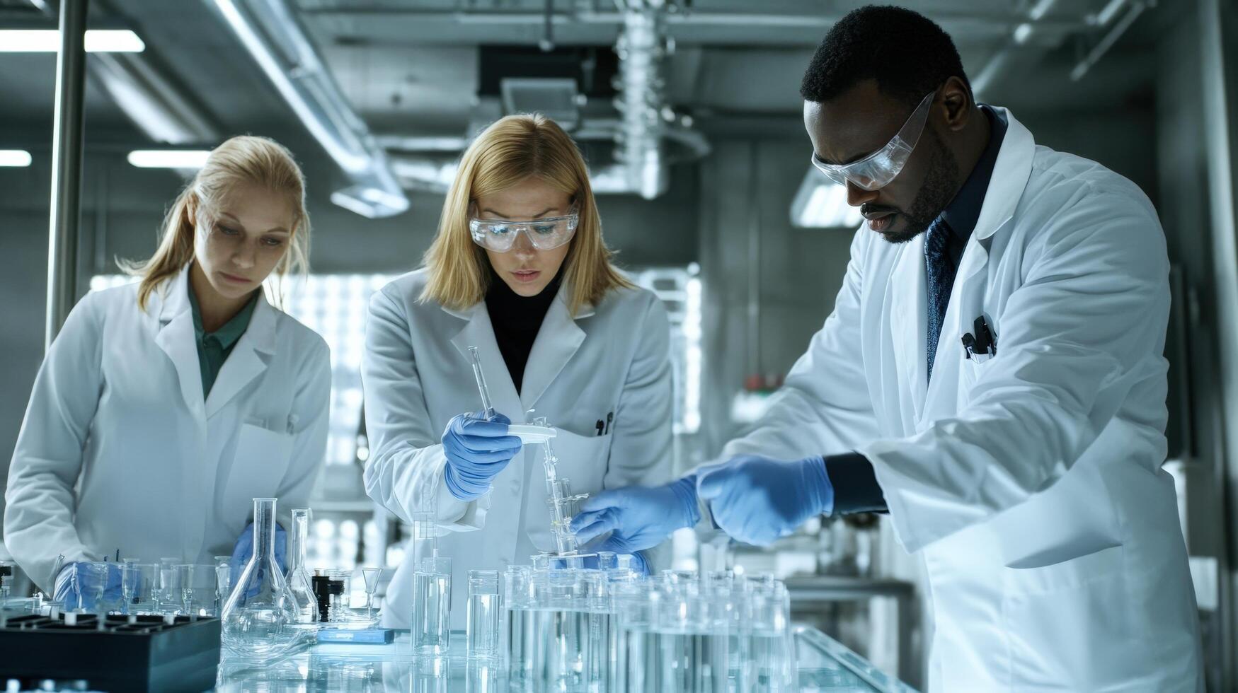 Three researchers working together in a laboratory setting. photo