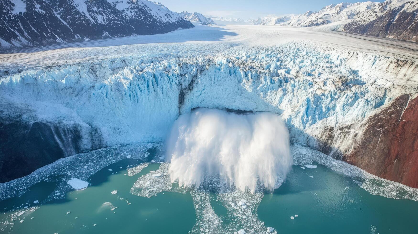 Glacial ice collapse into a turquoise lake, breathtaking mountain backdrop. photo